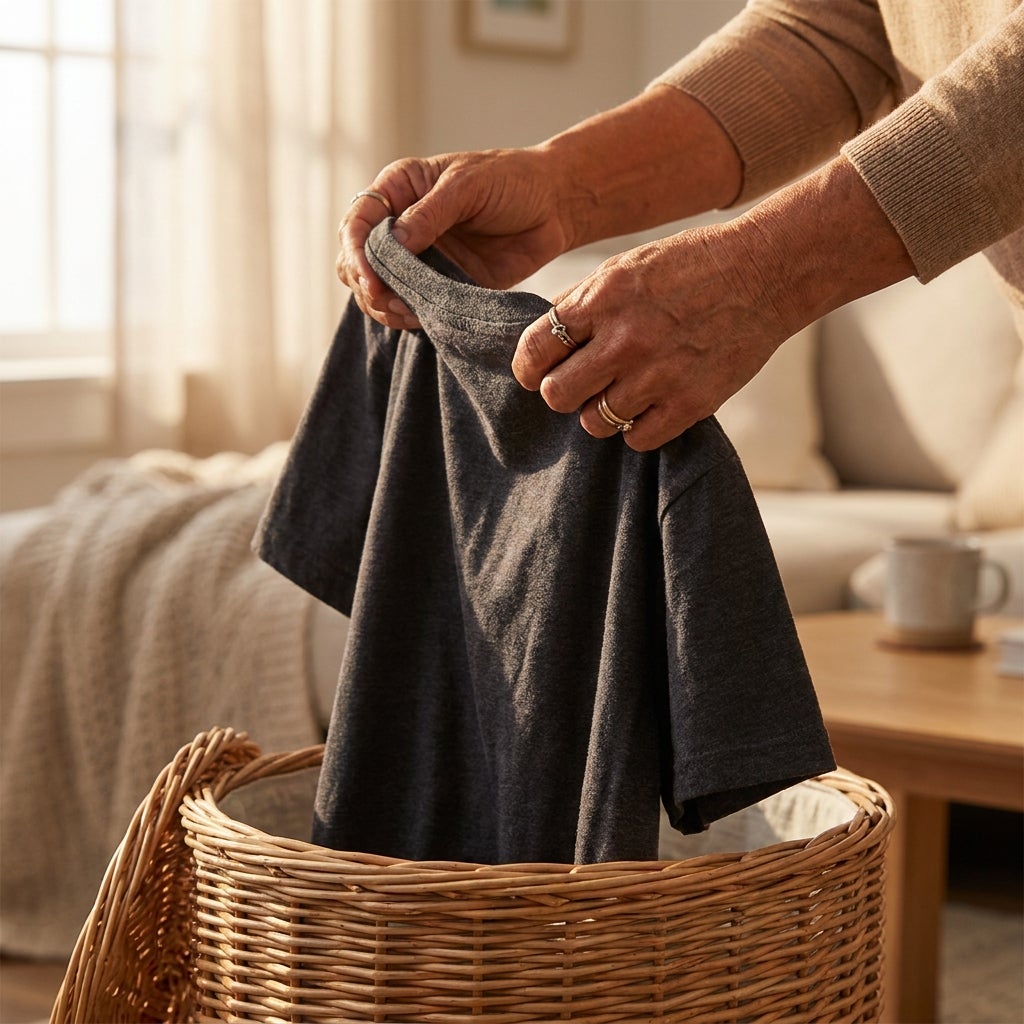 Close-up of hands turning a dark cotton T-shirt inside out over a laundry basket