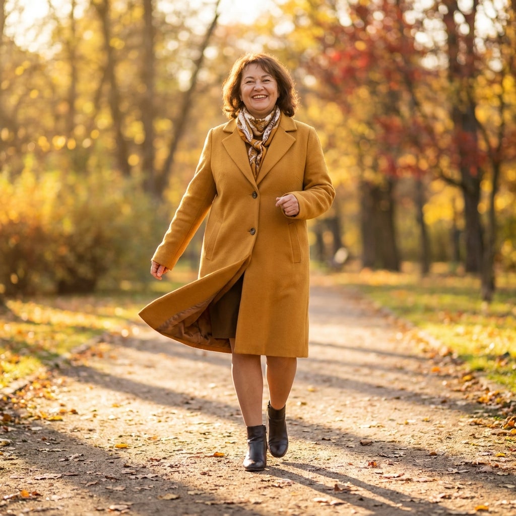 Woman walking in a below-knee coat that covers her legs fully