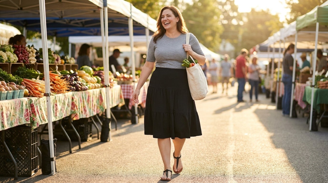 Woman in a knit tiered skirt with an elastic waistband walking through a sunlit market