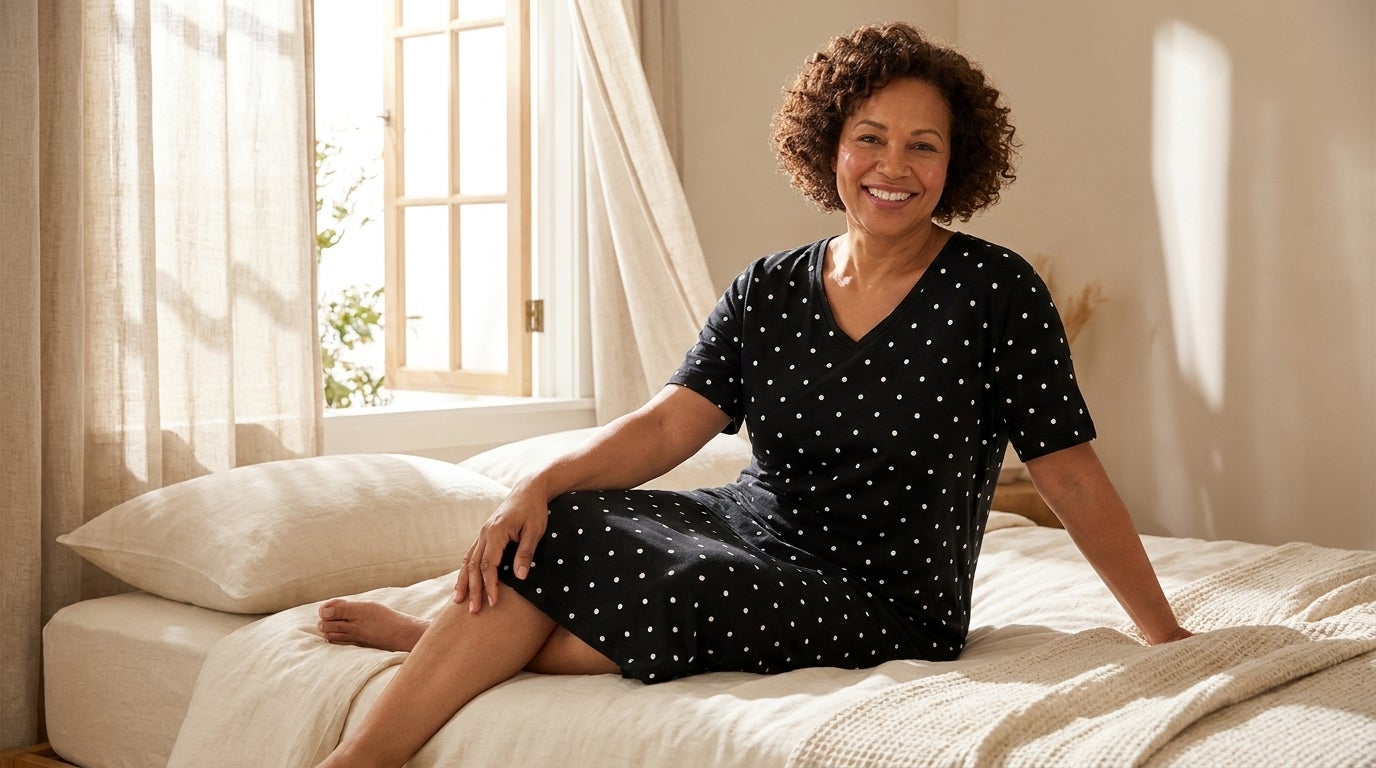 Woman in a V-neck cotton sleep shirt sitting on a sunlit bed with the window open