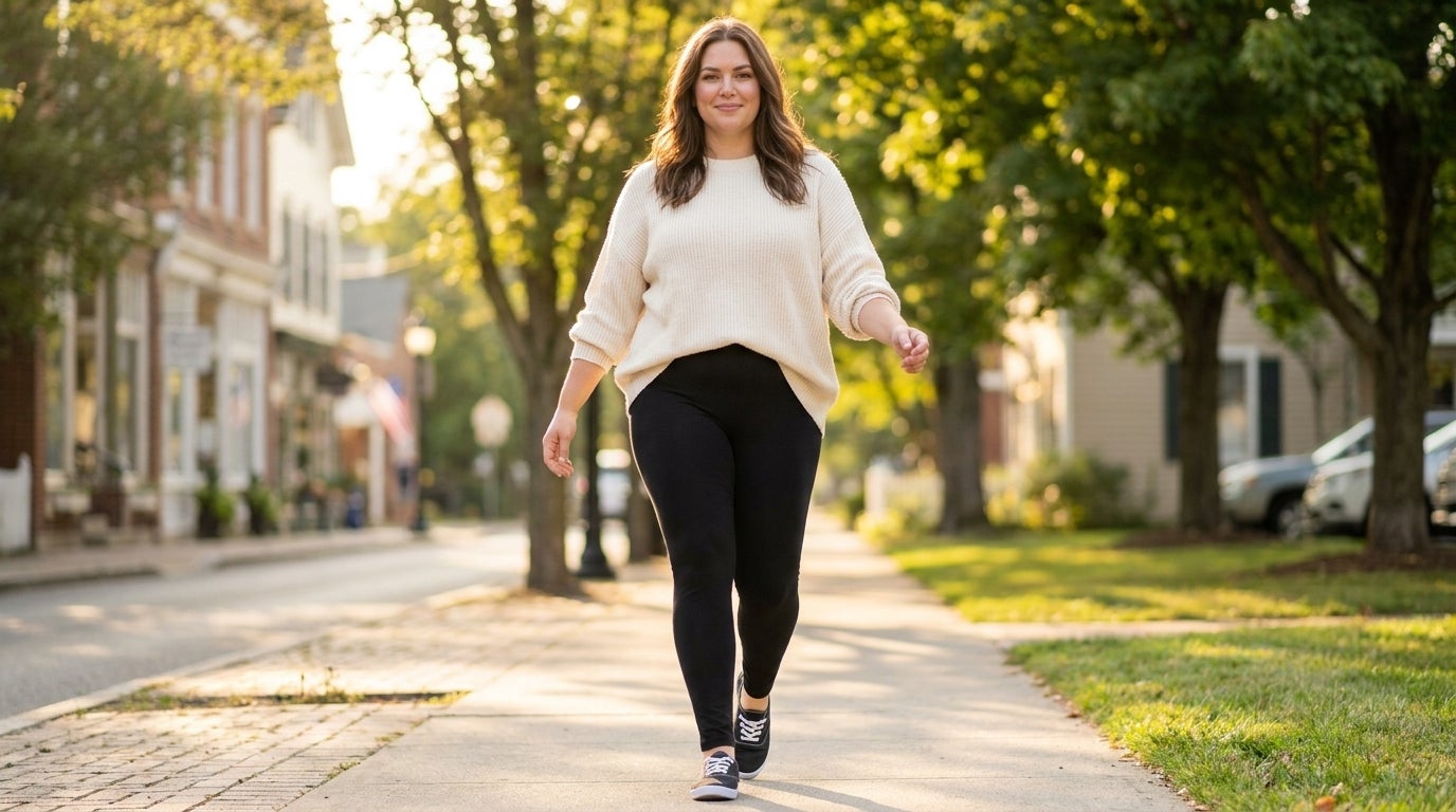 Woman mid-stride in stretch knit leggings, walking outdoors in warm light