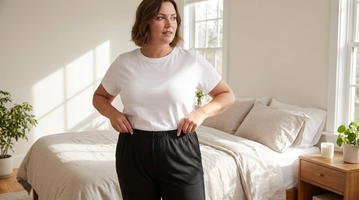 Woman adjusting the elastic waistband of soft knit pull-on pants in a sunlit bedroom