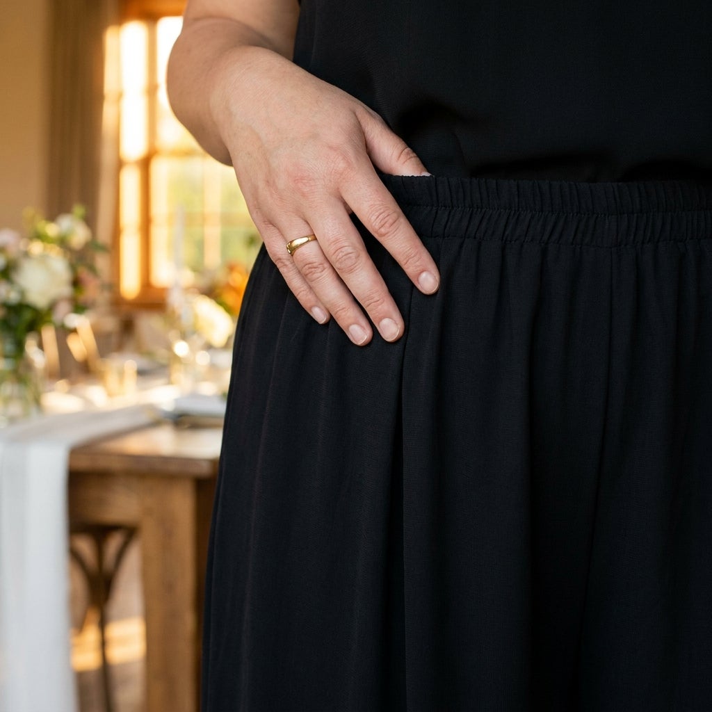 Close-up of a plus-size woman smoothing the elastic waistband of wide-leg dress trousers