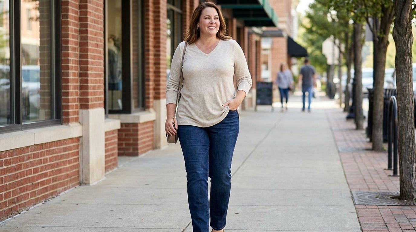 Woman in a straight-leg knit pant and tunic walking outdoors, mid-stride