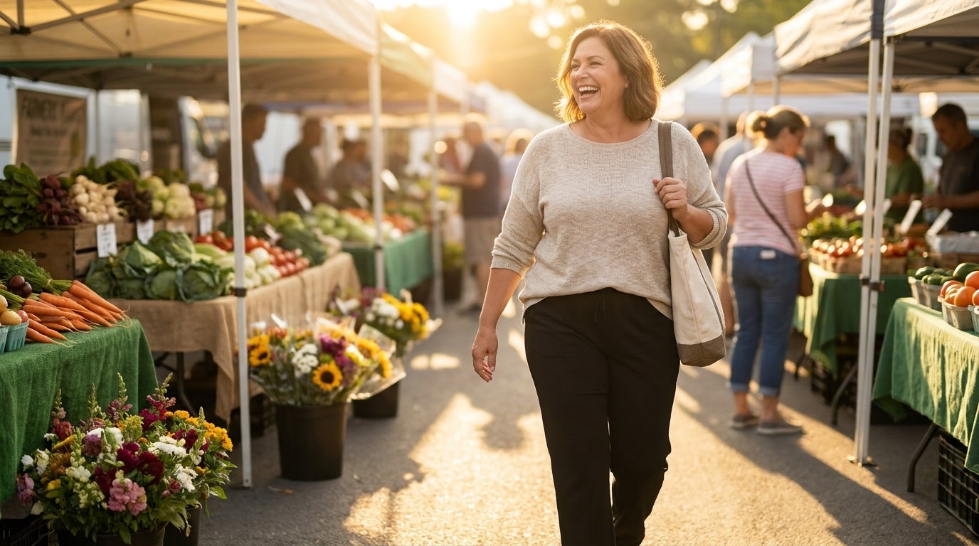 Woman laughing at an outdoor market wearing 7-Day straight-leg knit pants