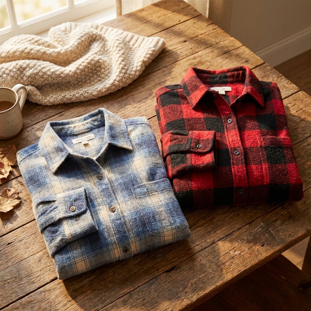 Two folded flannel shirts showing a lighter weave beside a heavier, denser weave