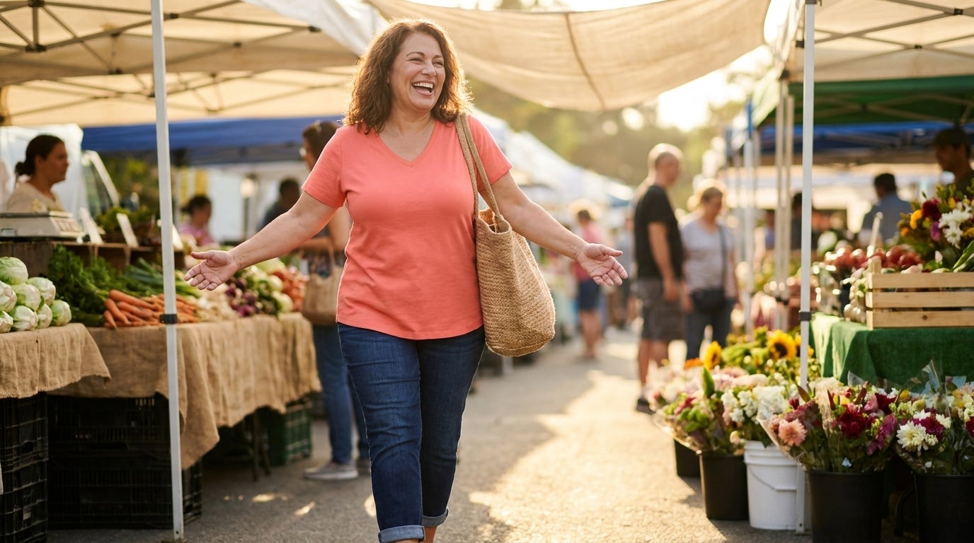 Woman in a V-neck short-sleeve tee laughing at a sunlit outdoor market