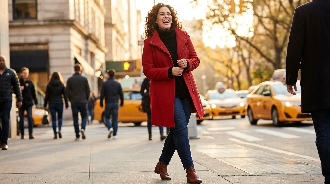 Woman in a wool-toned coat checking her sleeve length on a sunny sidewalk