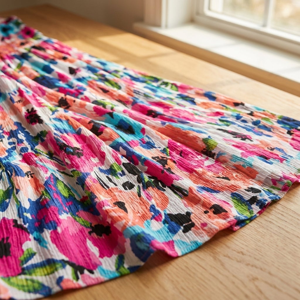Close-up of crinkle-textured maxi dress fabric scrunched and drying flat near a sunlit window.