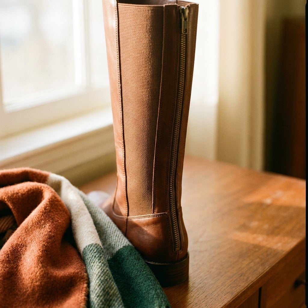 Close-up of a boot shaft showing a stretch panel and back-zip construction