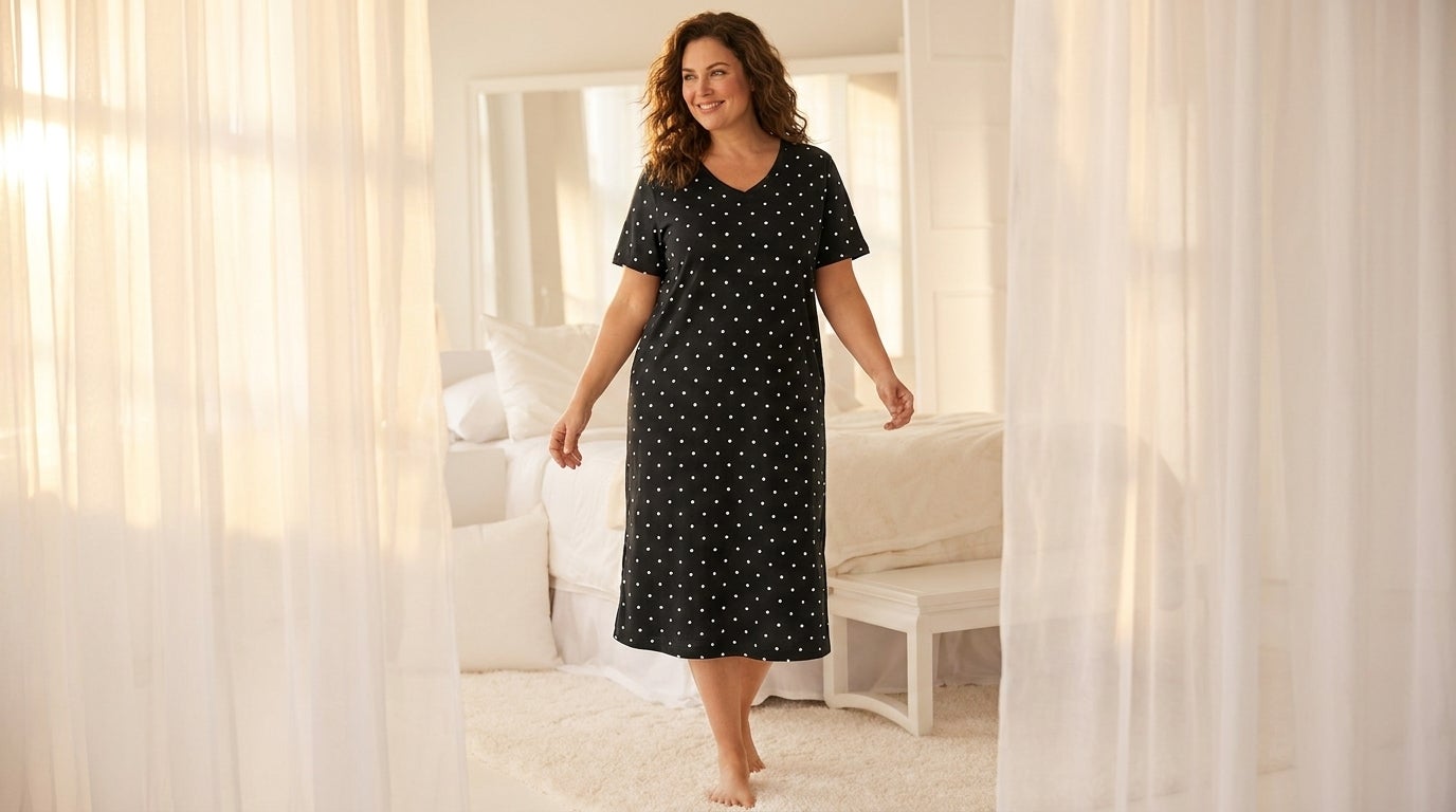Woman smiling in a cotton midi sleep shirt in a sunlit bedroom