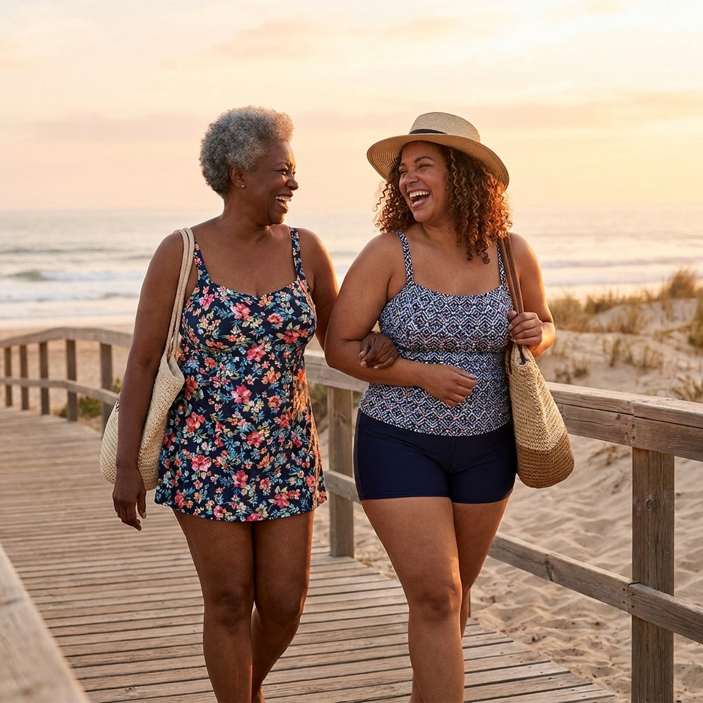 Two friends in different plus-size swimwear styles walking on a beach boardwalk