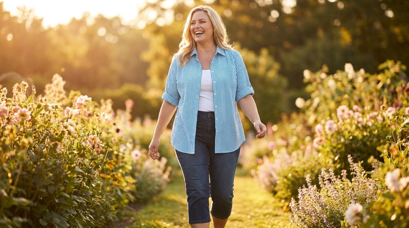 Woman in a cotton seersucker button-down shirt walking outdoors in warm evening light