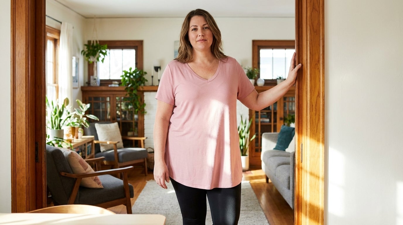 Woman wearing a soft knit plus size tunic over leggings in a sunlit doorway