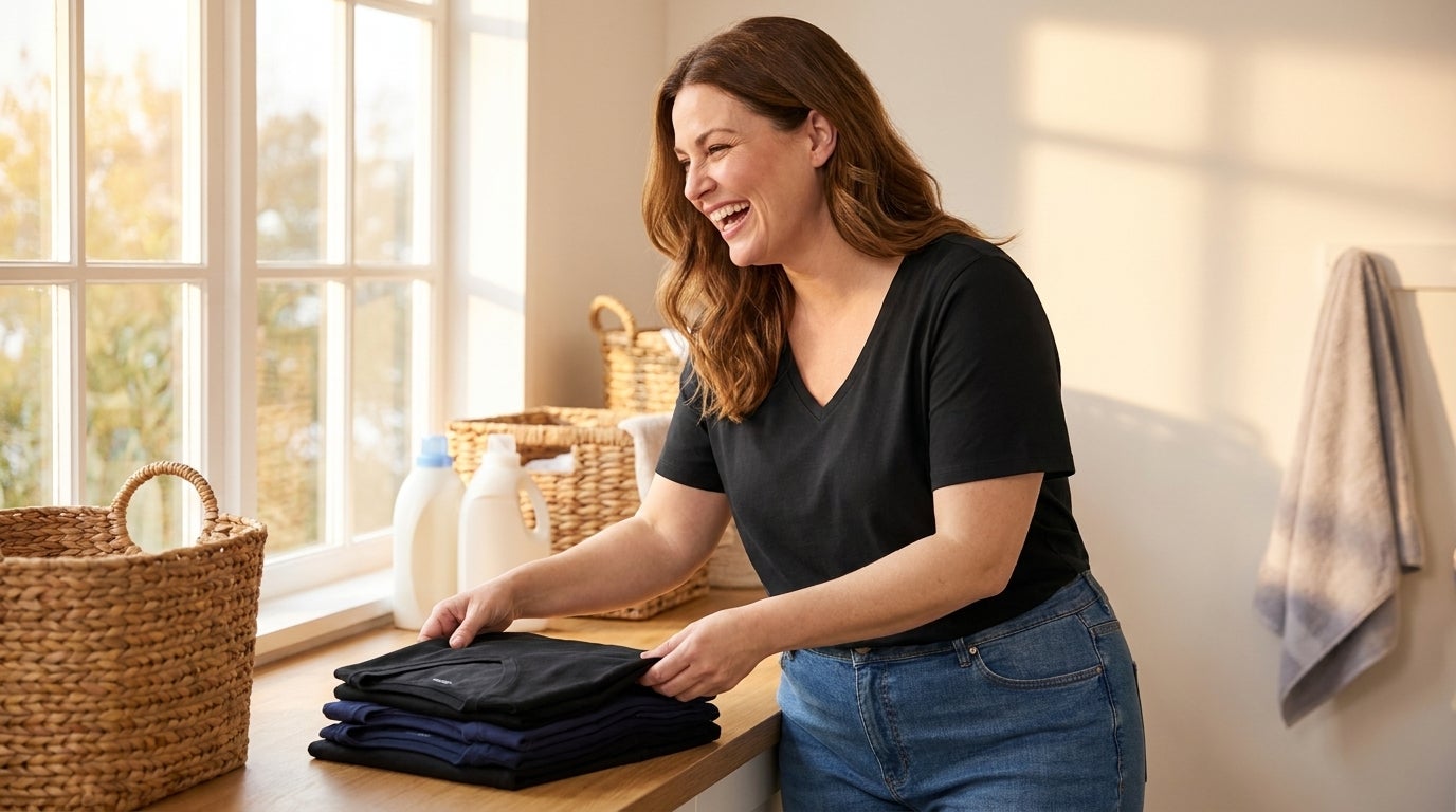 Woman folding a stack of dark cotton tees in a sunlit laundry room