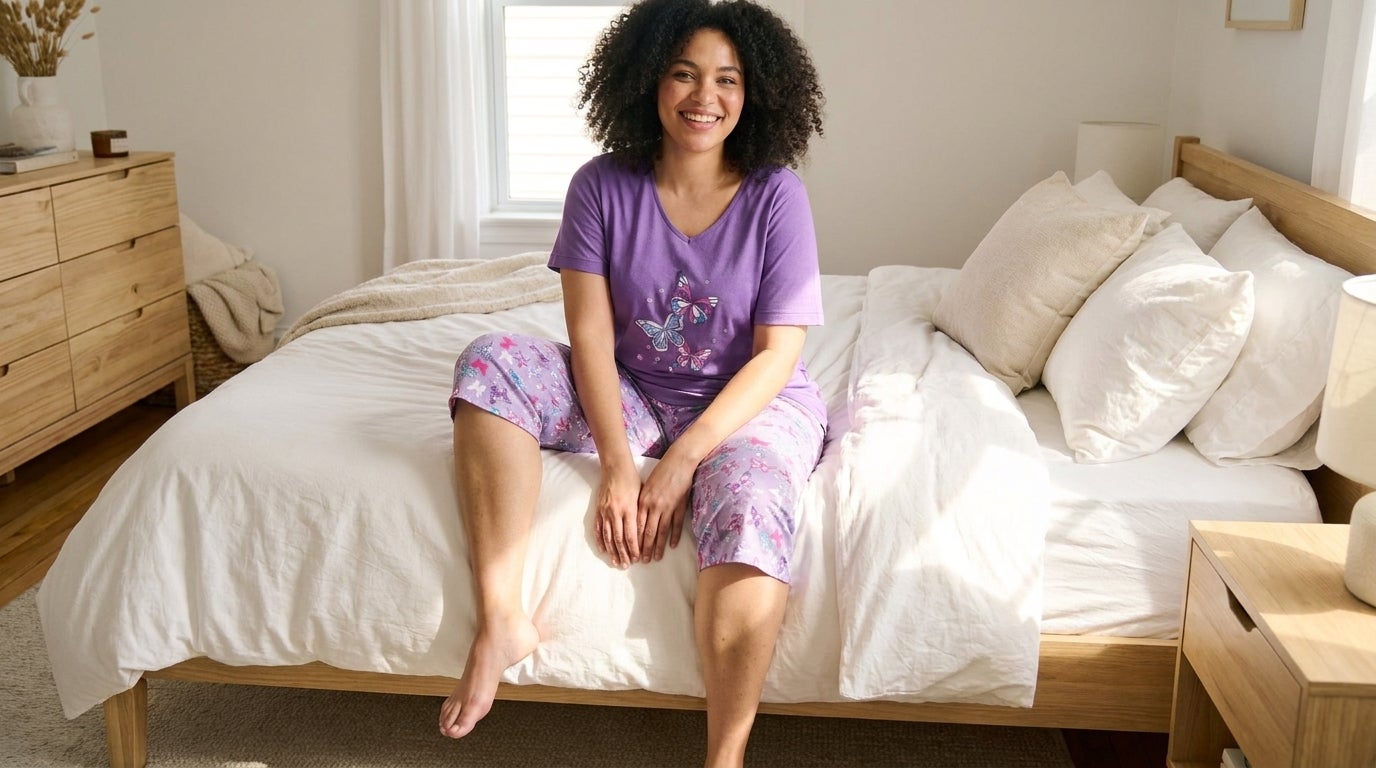 Woman wearing a coordinated pajama set with a graphic tee and capri pants