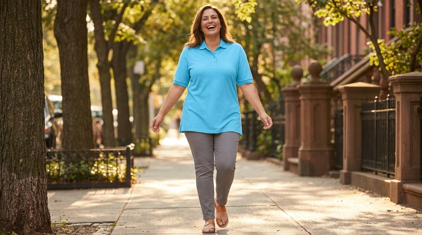 Woman walking outdoors in an elbow-sleeve polo tunic with a relaxed fit