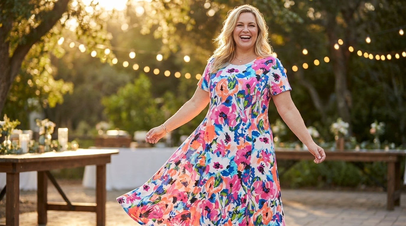 Woman in a printed crinkle maxi dress at an outdoor wedding reception