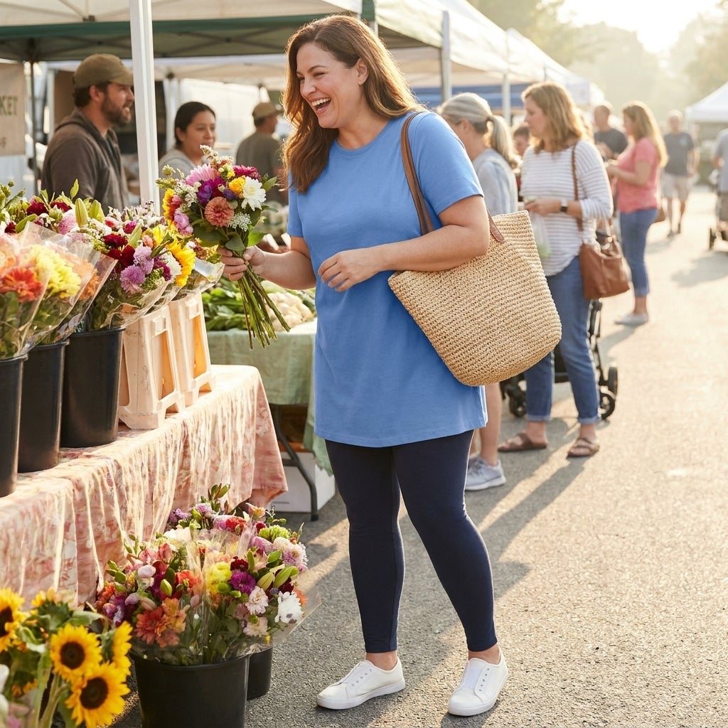 Woman laughing at a flower stall in a crewneck tunic worn over leggings and flat sneakers