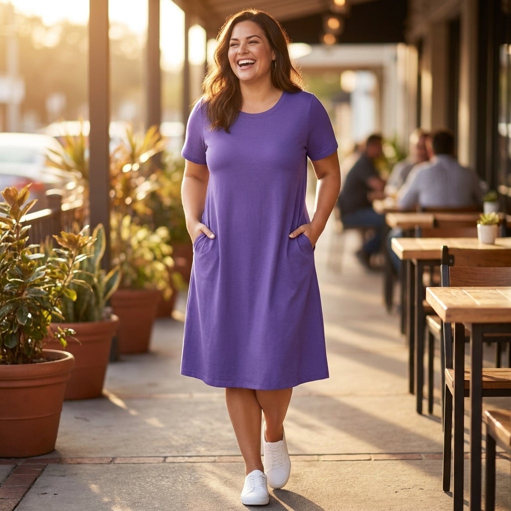 Woman wearing a cotton knit A-line tee dress with side pockets outdoors