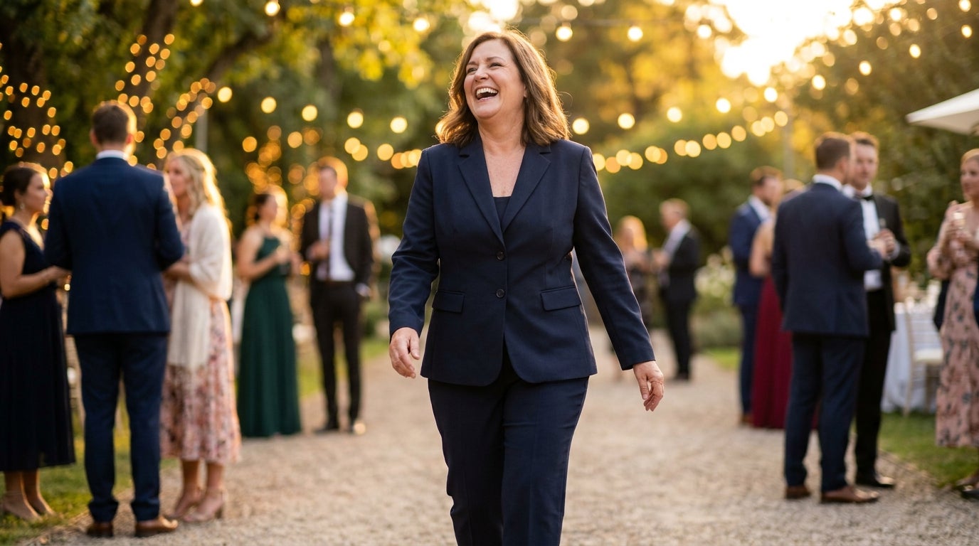 Plus-size woman in a tailored pant suit walking and smiling at an outdoor wedding reception in golden-hour light