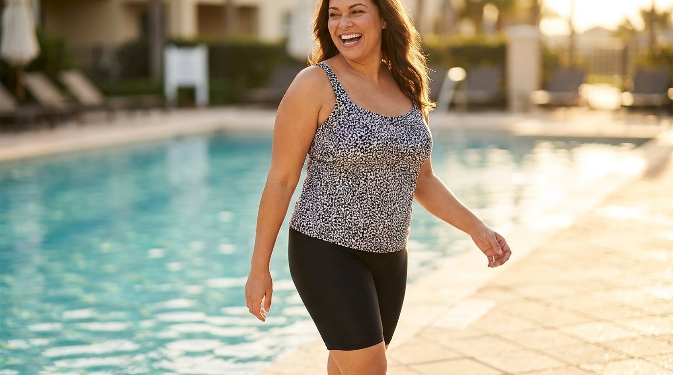 Woman in a high-waist swim bike short and tankini top laughing on a sunlit pool deck