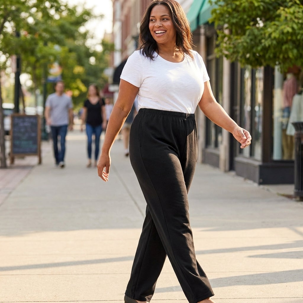 Woman walking confidently in stretch-knit pull-on pants with elastic waist