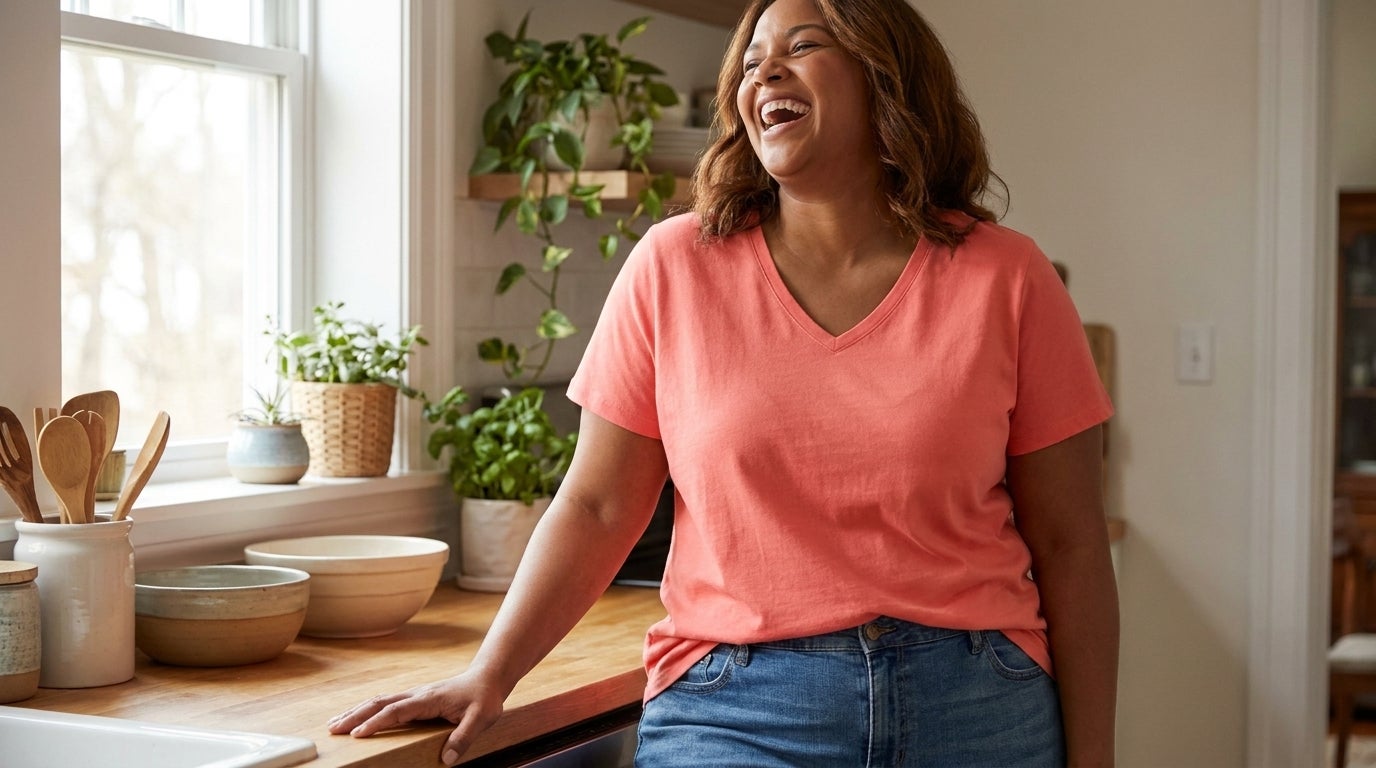 Woman wearing a relaxed short-sleeve V-neck cotton tee tucked into jeans in a sunlit kitchen