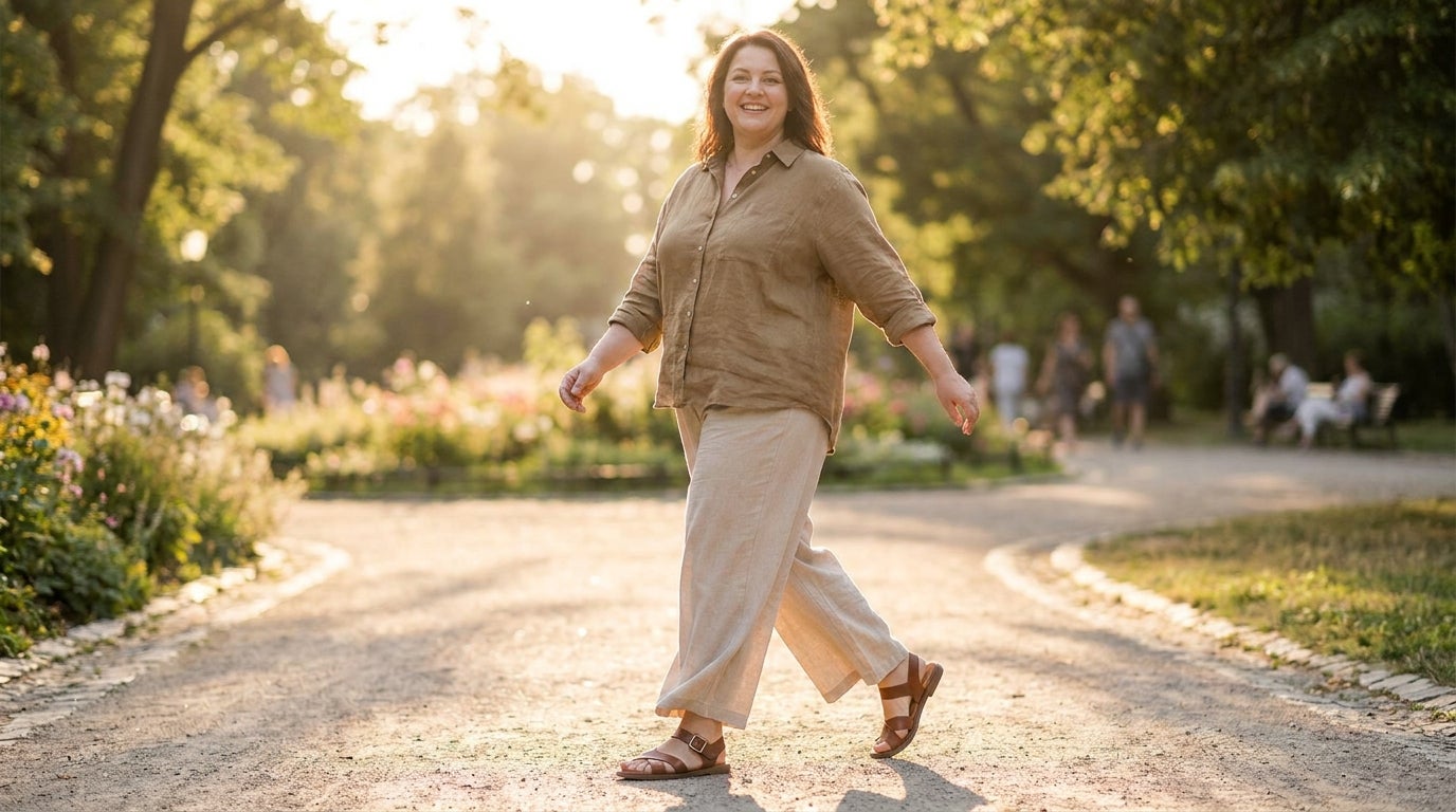 Plus-size woman in wide-width sandals walking on a sunlit path, smiling.
