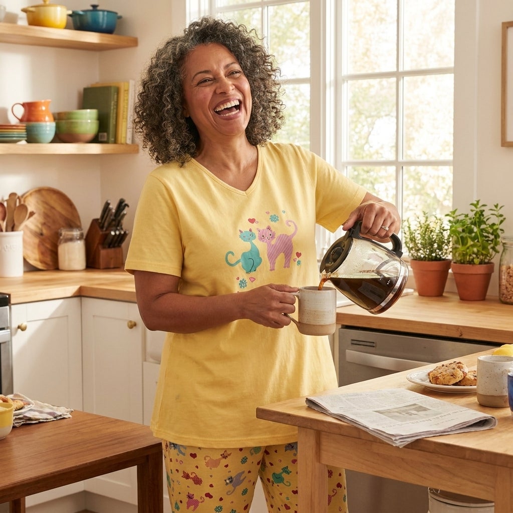 Laughing woman in a graphic tee and capri pajama set pouring coffee in a sunny kitchen