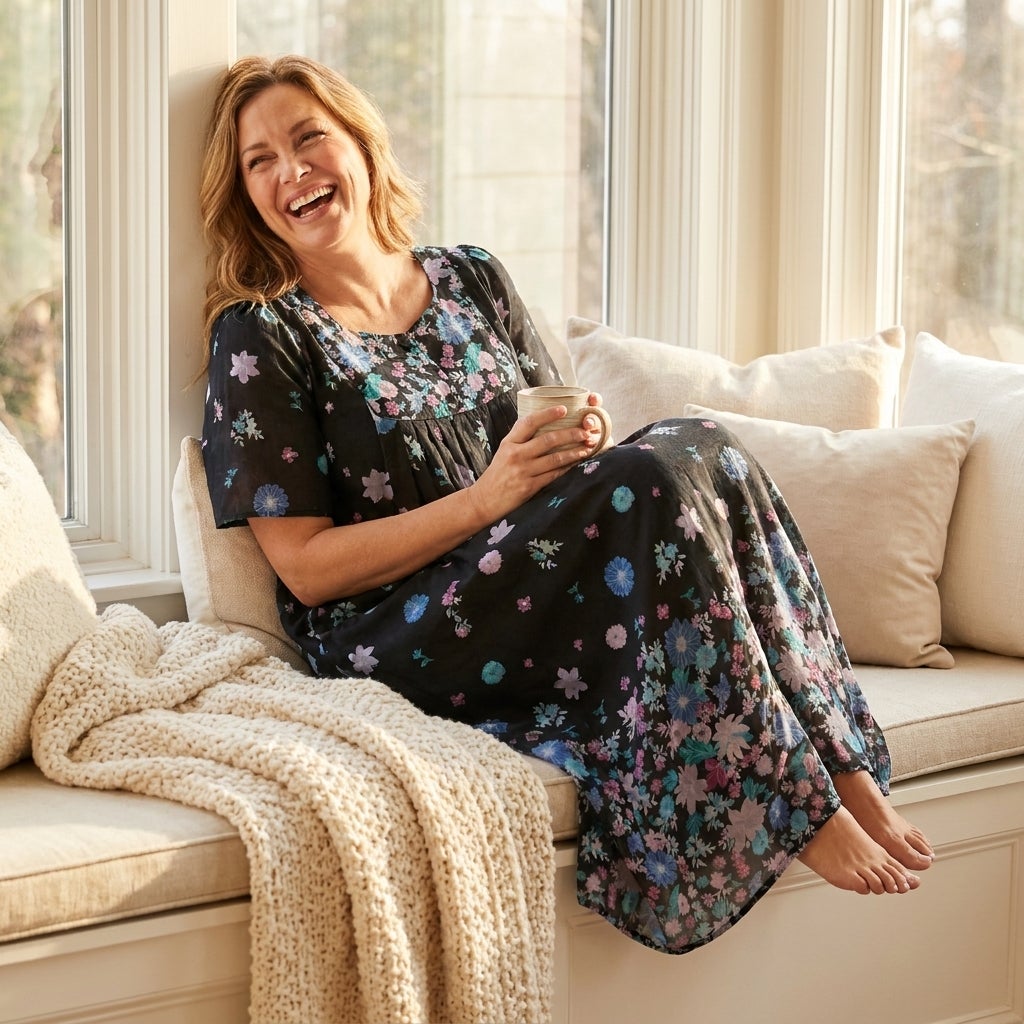 Woman relaxing at home in a bib-front cotton maxi lounger
