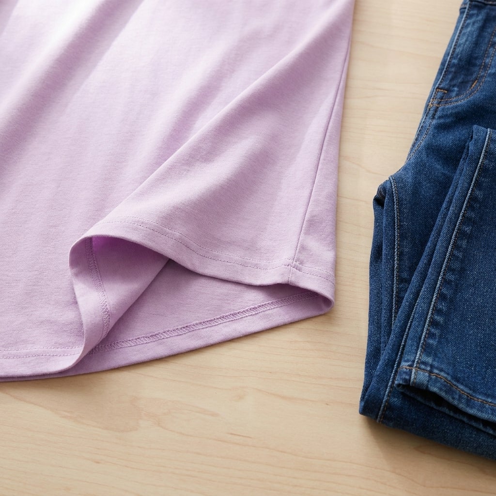 Close-up of a tunic's straight hem falling over dark denim jeans