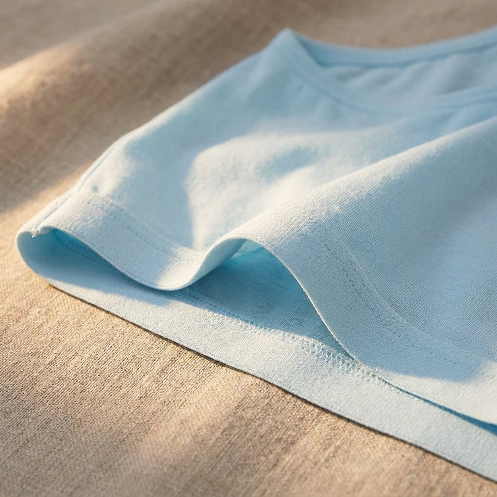 Close-up of a full coverage cotton brief's tag-free elastic waistband on linen
