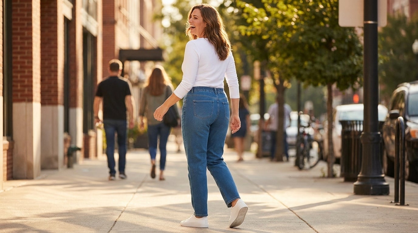Woman in back-elastic gap-free straight-leg jeans laughing on a sunlit sidewalk