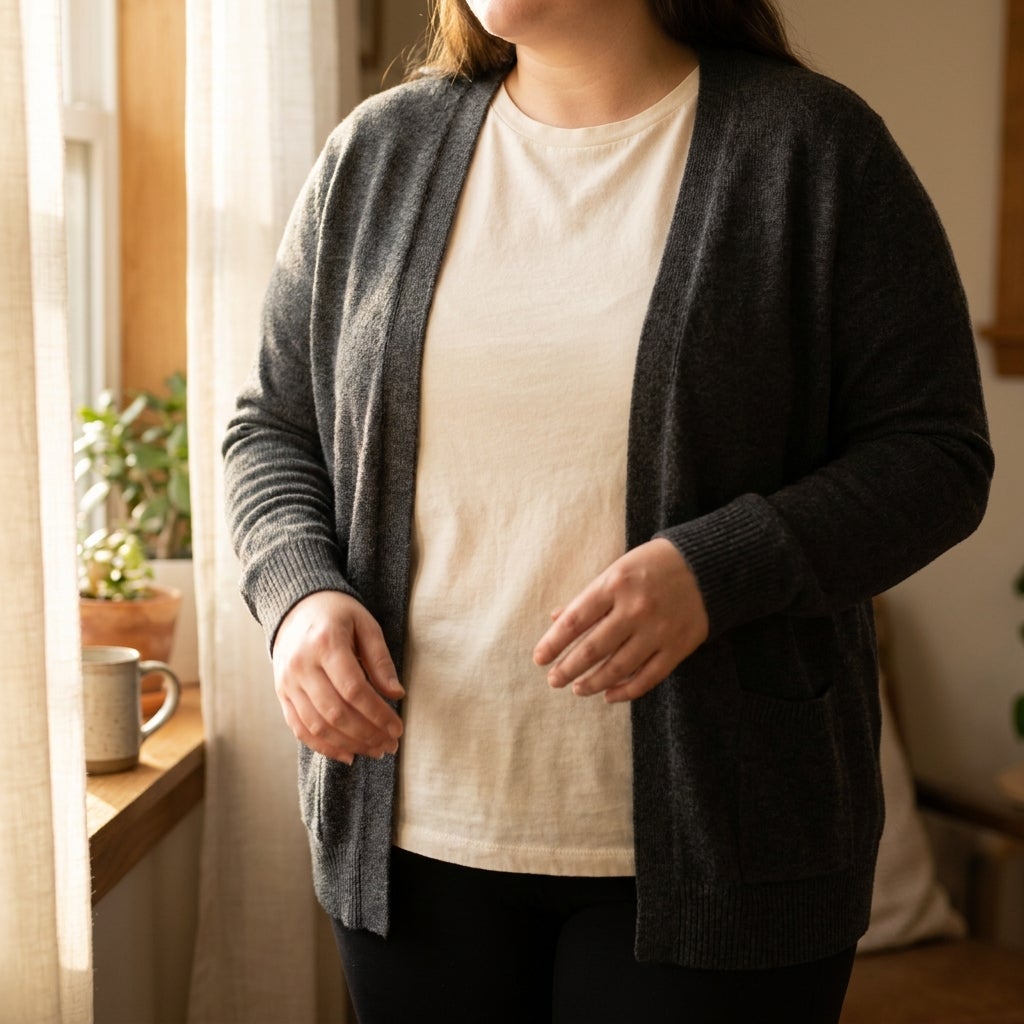 Longer cardigan hem layered evenly over a tunic top