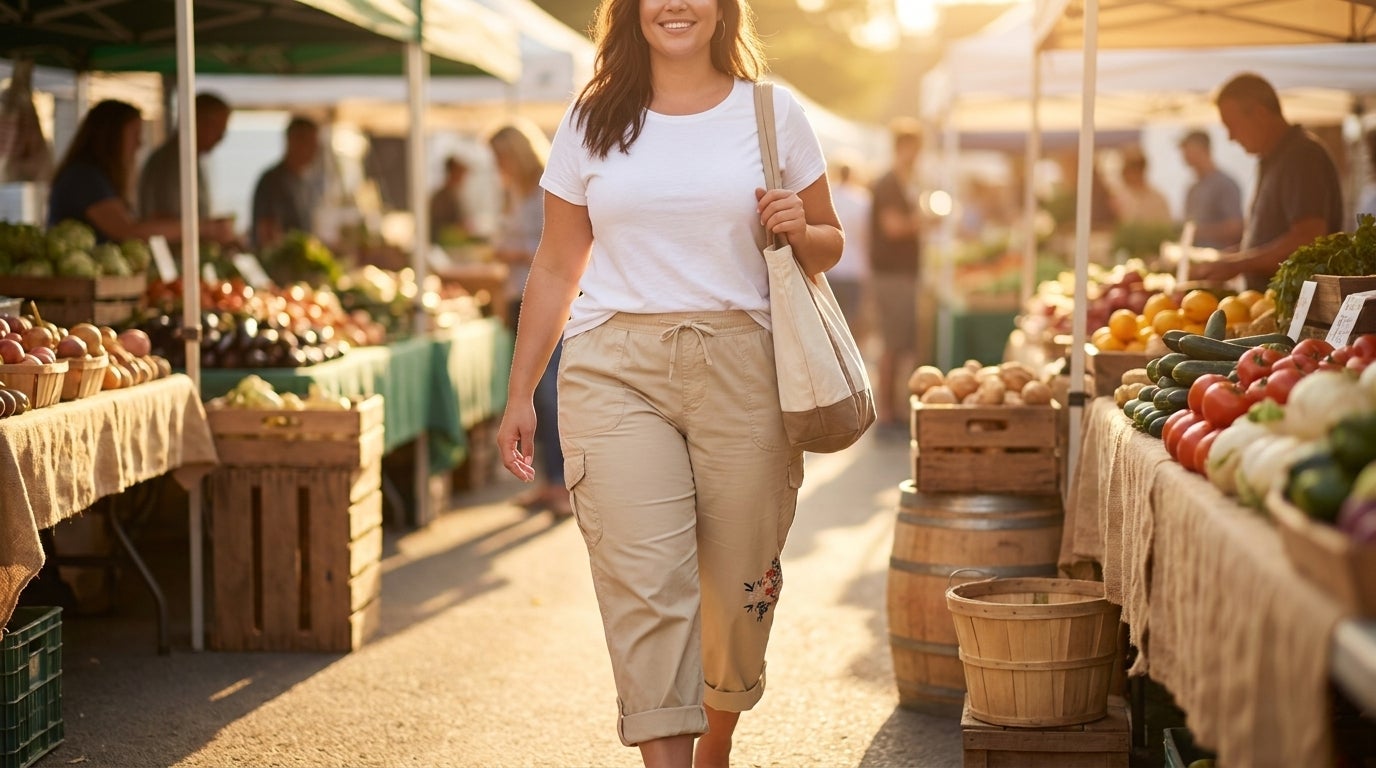 Woman walking outdoors in convertible cargo capri-bermuda pants with rolled hem