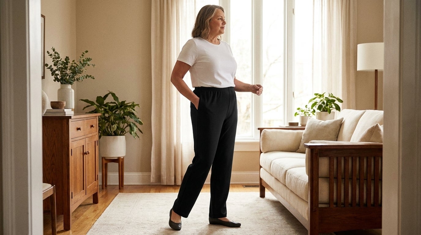 Plus-size woman in Woman Within knit pants that hit her ankle exactly at the hem