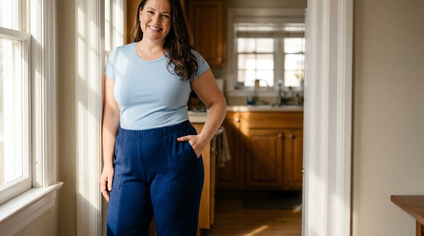 Woman in soft knit pull-on pants resting her hand in the visible side-seam pocket