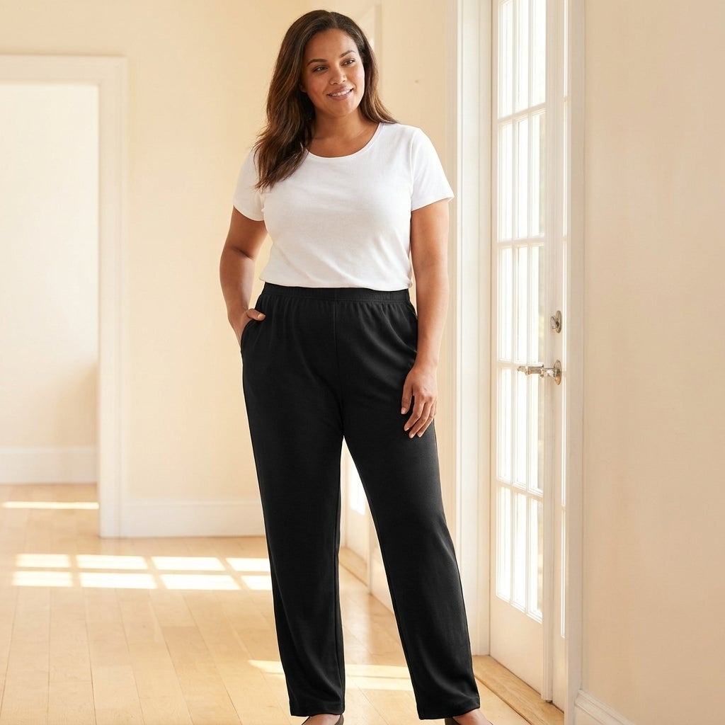 Close view of straight-leg knit pants showing room through the calf