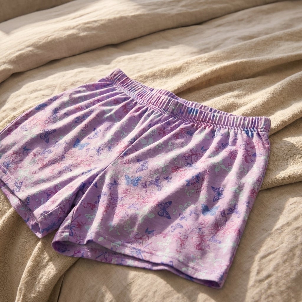 Close view of an elastic pajama waistband and soft knit shorts on a made bed