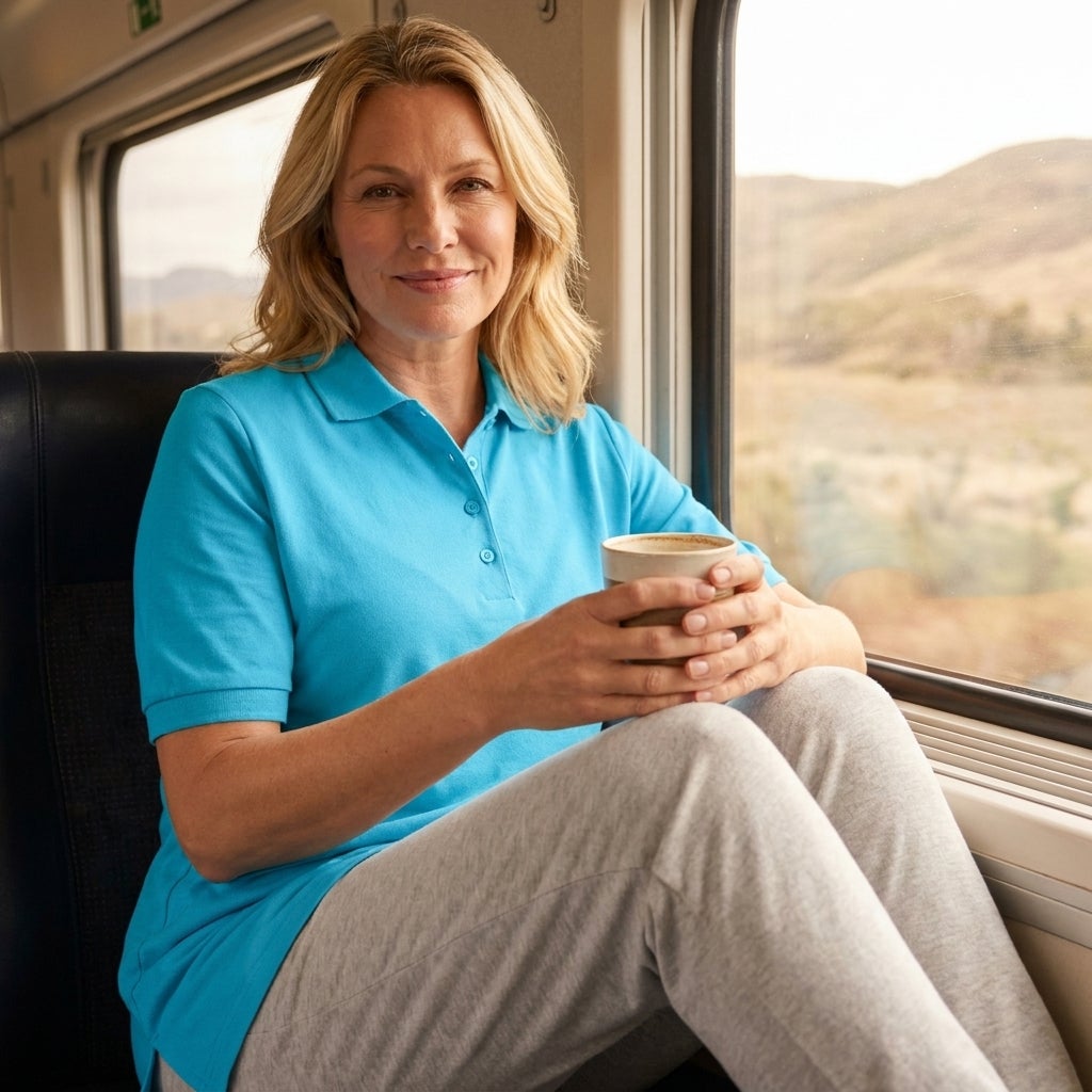 Woman in a collared elbow-sleeve polo tunic smiling in a train window seat with a coffee cup