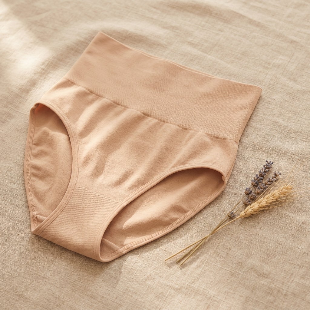 Close-up of smooth, soft shapewear fabric with a wide comfort waistband