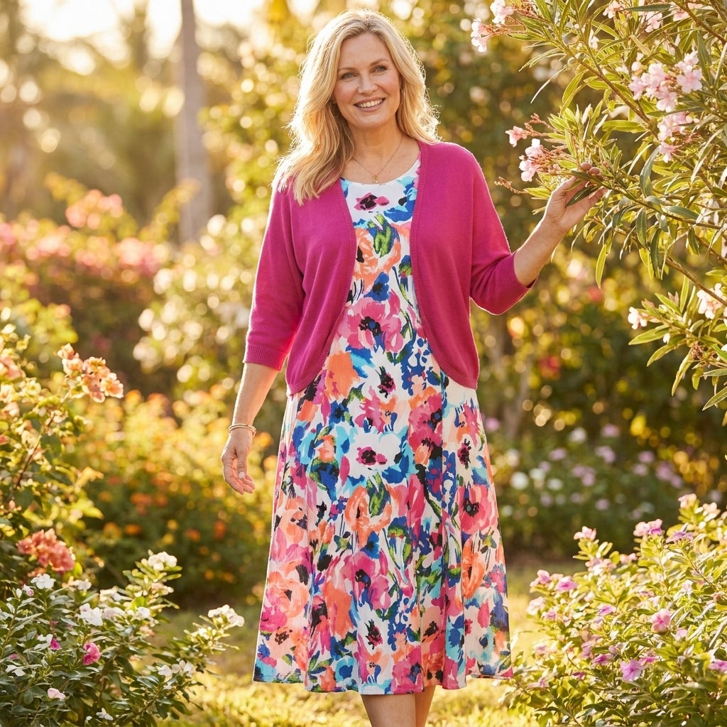 Woman in a V-neck crinkle maxi dress walking through a sunlit garden