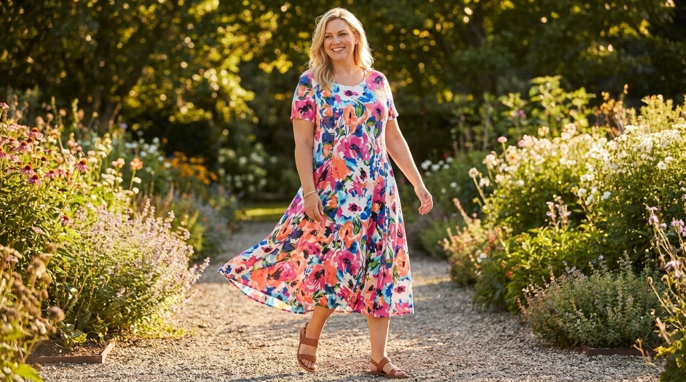 Woman in a printed crinkle maxi dress walking outdoors in golden light