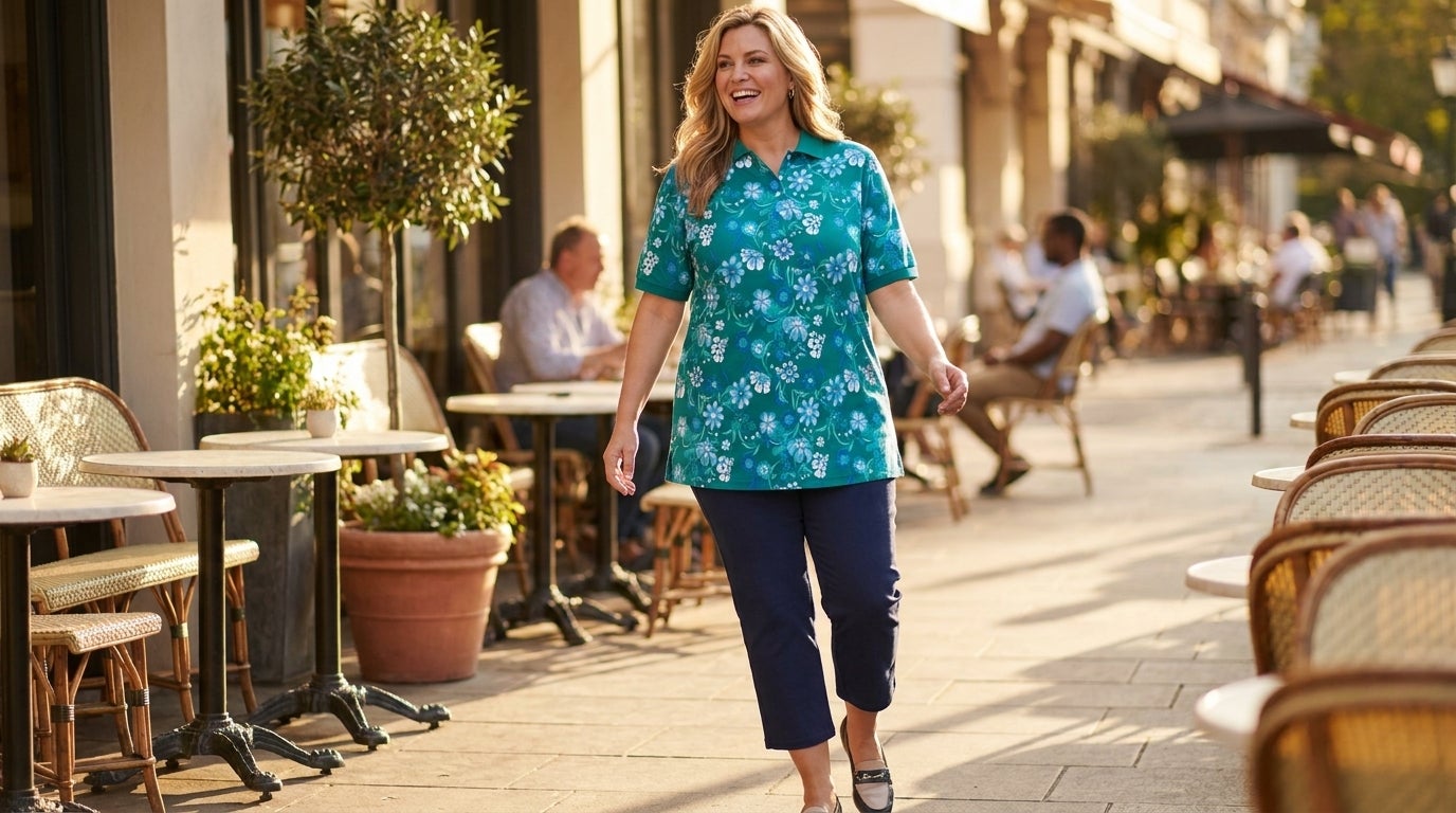 Woman in a knit polo tunic smiling on a sunlit cafe patio