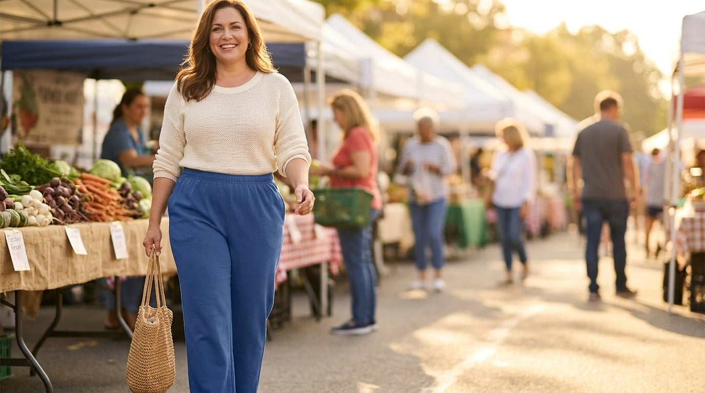 Woman walking outdoors in high-rise knit pants with a covered elastic waistband, smiling in golden light.