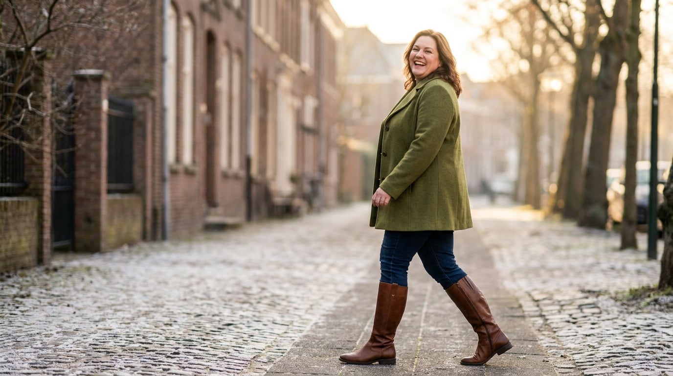 Woman walking outdoors in tall wide-calf winter boots and a wool coat, smiling in golden afternoon light.
