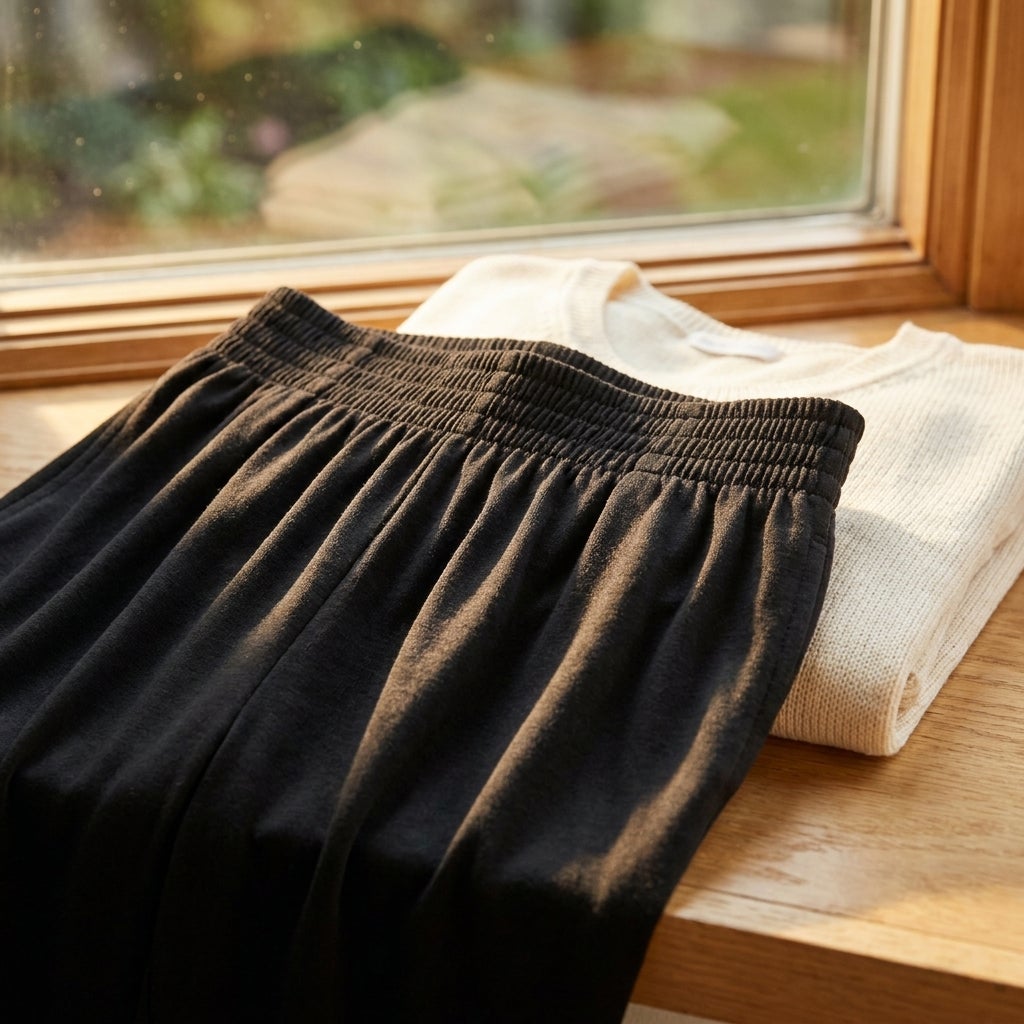 Close-up of a smocked elastic waistband on knit capri pants in warm afternoon light.