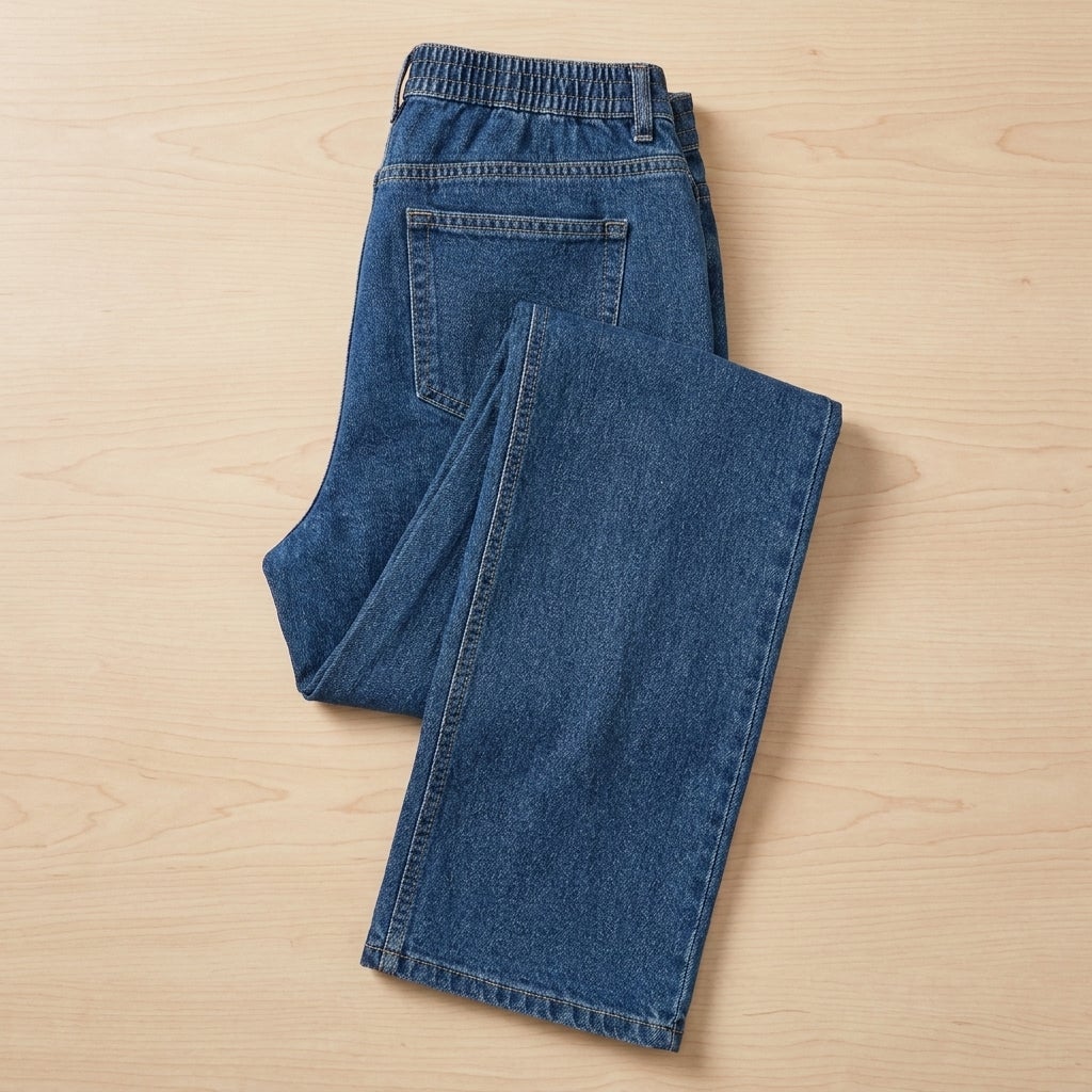 Folded straight-leg jeans showing the inseam and back-elastic waistband