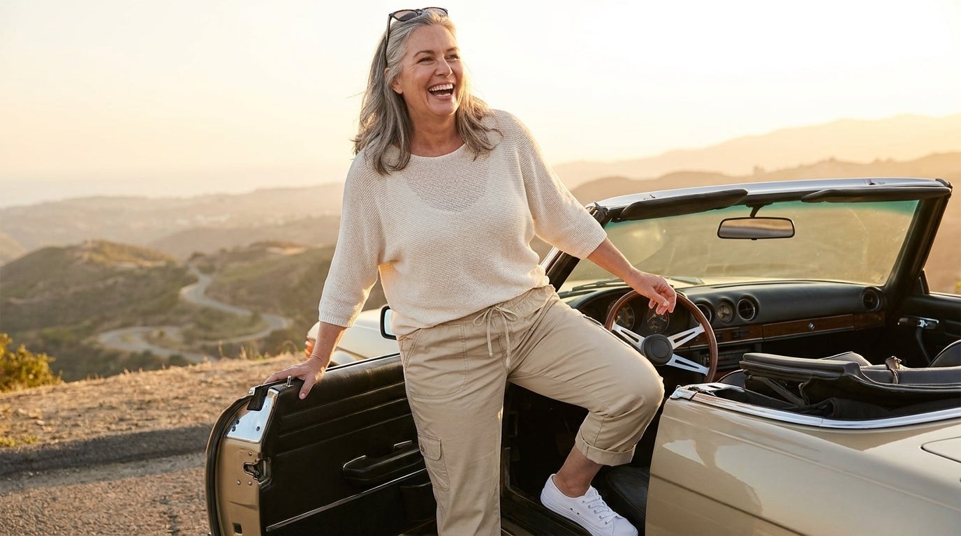Smiling woman in a convertible cargo pant and relaxed top stepping out of a car at a sunny scenic overlook